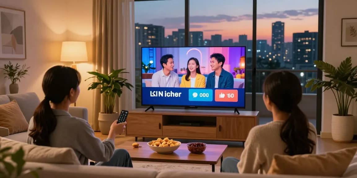 Couple enjoying IPTV services for live TV in a stylish living room ambiance.
