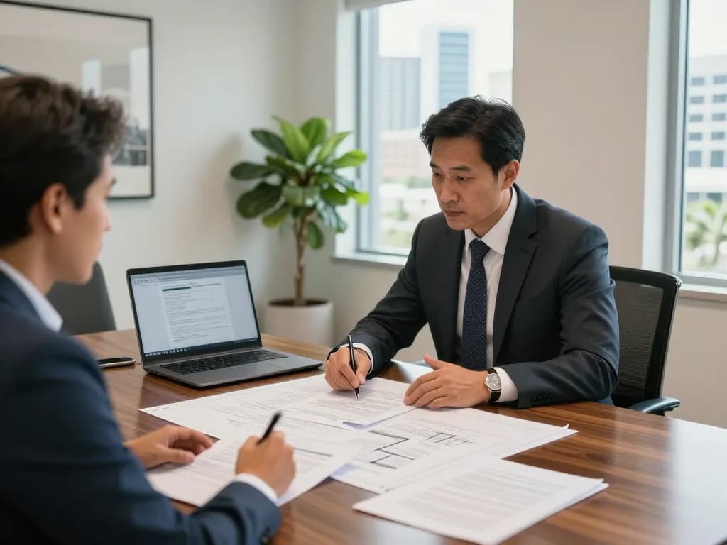 Boca Raton Construction Litigation Lawyer discussing legal strategies with a contractor in a modern office