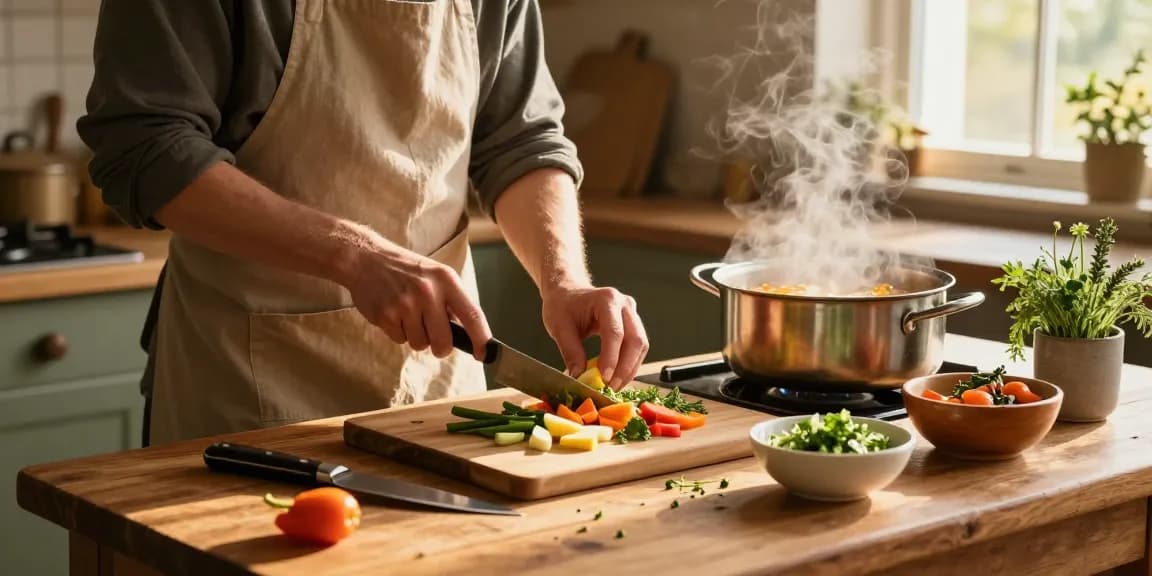 Zubereitung einer köstlichen Suppe mit frischen Zutaten in einer gemütlichen Küche, perfekt für alle, die Suppen kaufen möchten.