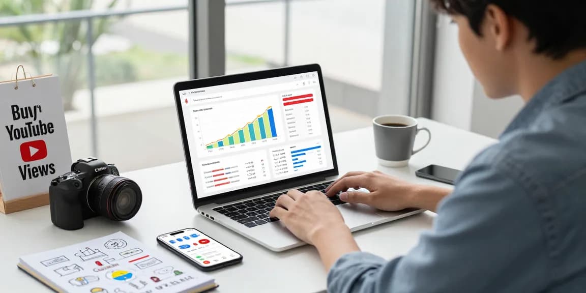 Professional working on digital marketing strategies to buy YouTube views, showcasing analytics, charts, and a vibrant office setting.