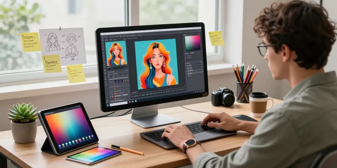 Designer using the nano banana pro AI image editor in a vibrant digital workspace.