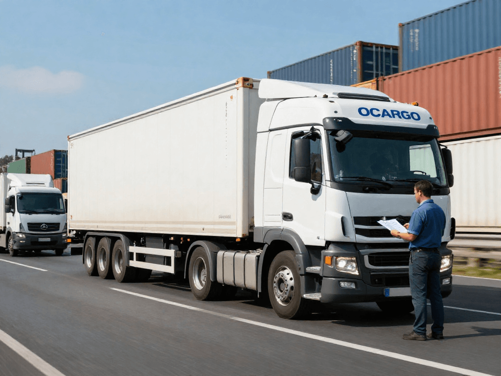 LKW Transport von Dortmund: Moderner Lastwagen mit Ladung auf der Straße, Fahrer prüft Transportdokumente in einer geschäftigen Logistikumgebung.