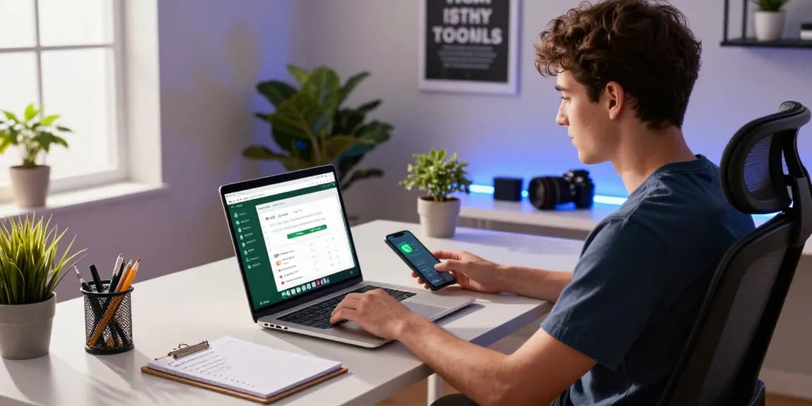 Professional using WhatsApp網頁版 on their laptop in a modern workspace, showcasing productivity and tech integration.