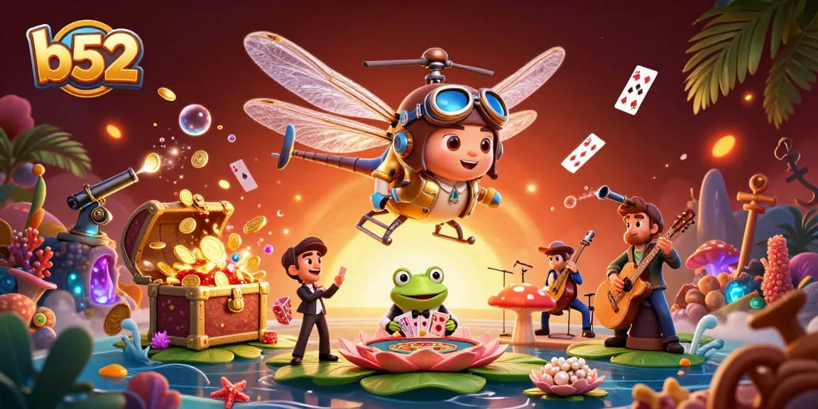 Players enjoy exhilarating action at b52 casino as a dragonfly pilot oversees the lively card game.