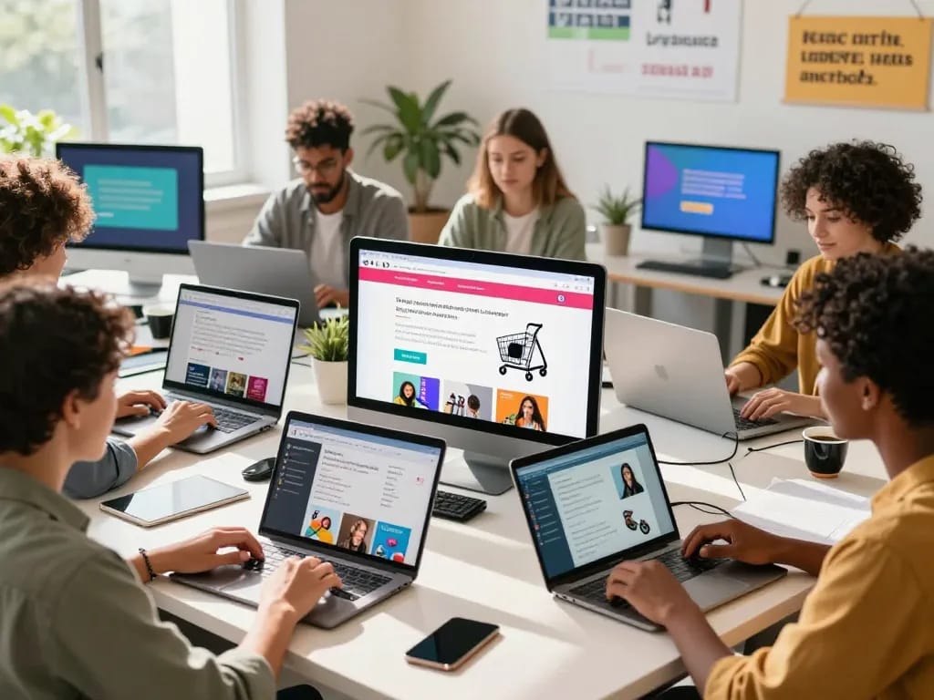 Engaged users buy PLR Digital Products in a vibrant e-commerce setting, showcasing interactive displays and diverse items.