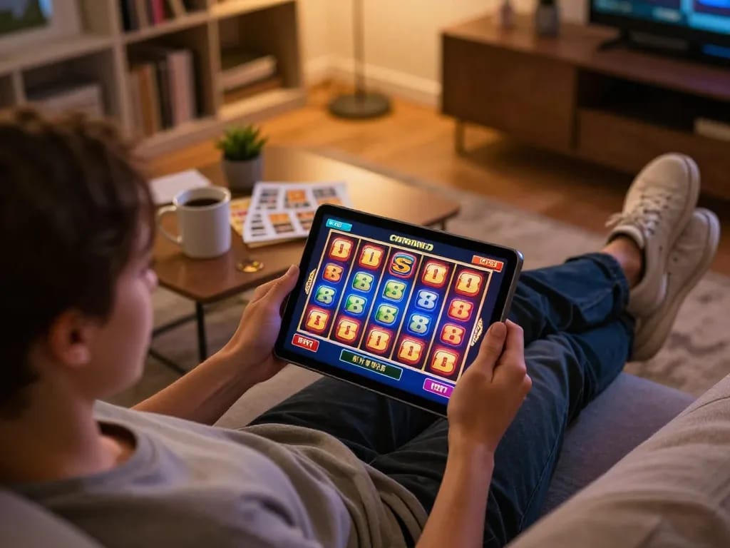 Engaging player enjoying superjp mobile slots experience on tablet in cozy living room.