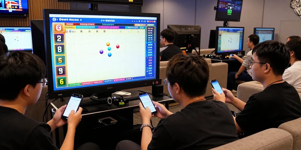 Exciting scene of players engaged in toto macau live draw event with mobile devices, capturing the thrill of real-time betting.