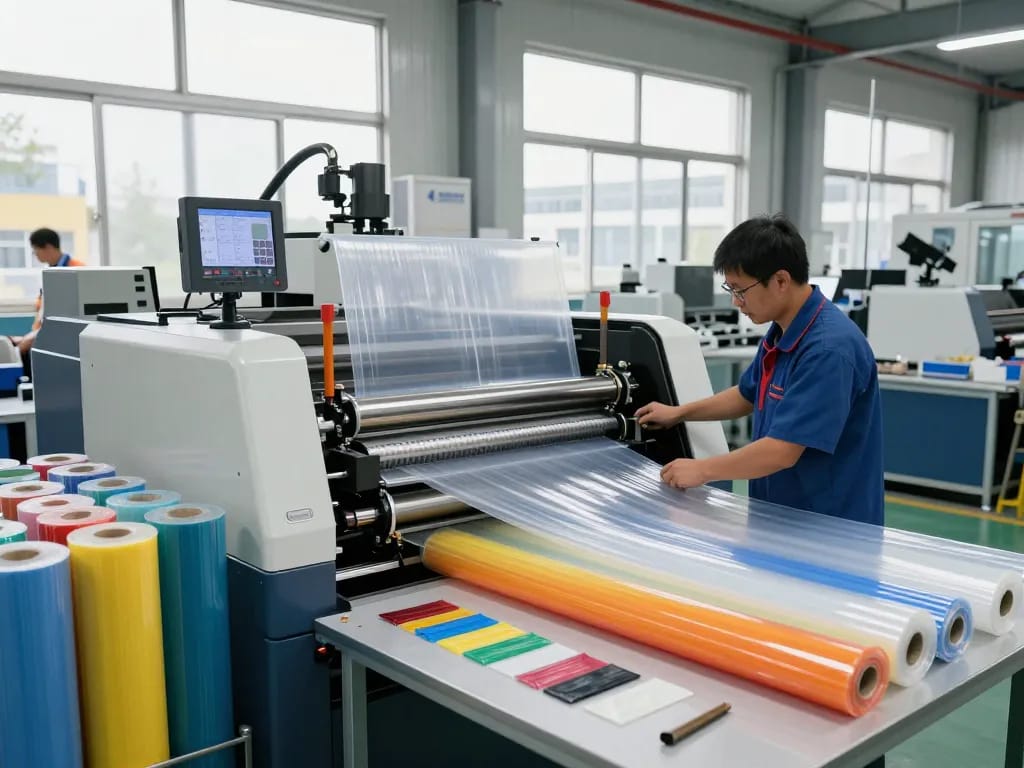 Bóc ép plastic in a modern manufacturing facility with technician operating an extrusion machine.