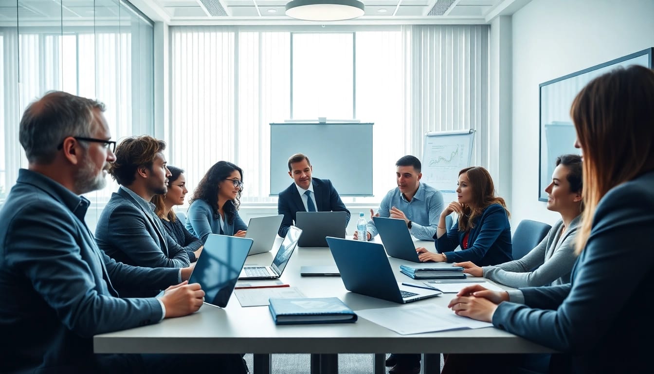 Discussing contracts and grants in a modern meeting room with diverse professionals.