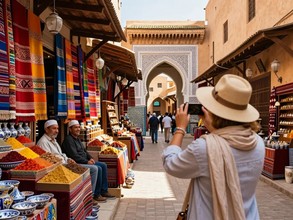 Immersive experience with a traveler at a Morocco travel agency exploring vibrant Marrakech souks.