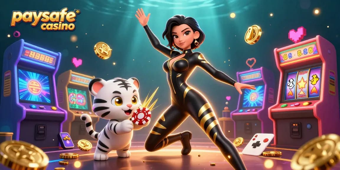 Erleben Sie spannendes Gaming in einem Paysafe Card Casino mit lebhaften Slot-Elementen, bunten Charakteren und energetischer Atmosphäre.