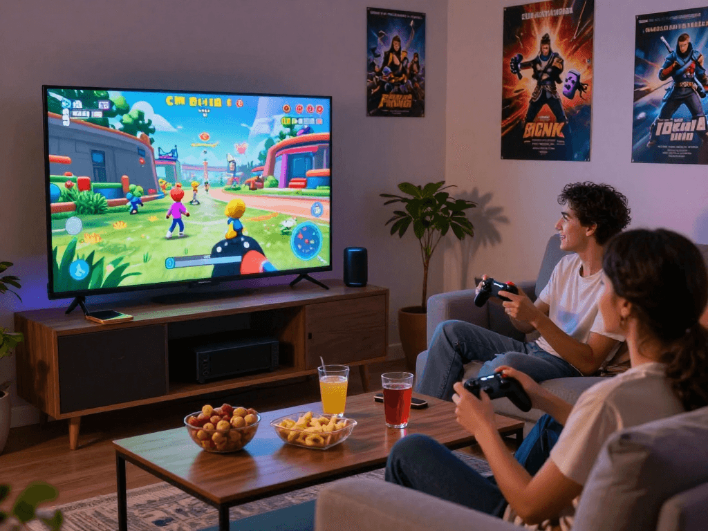 Friends playing porngames together on a large screen in a cozy living room.