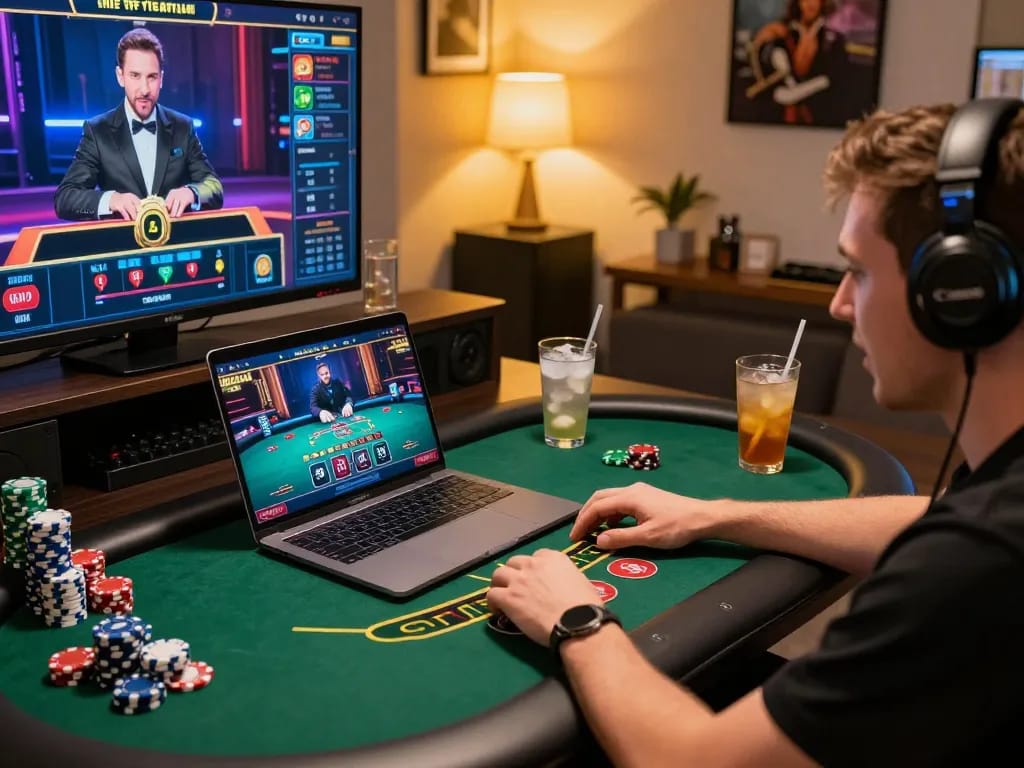 TG88 player enjoying live blackjack online, vibrant gaming setup with cozy atmosphere