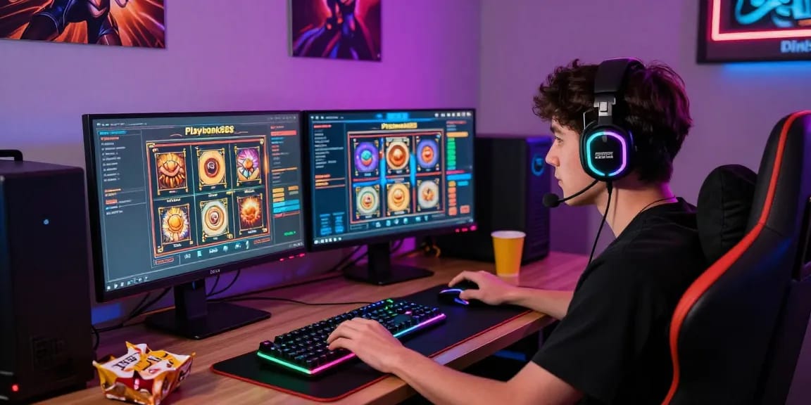 Player enjoying Playbook88 online slots at a vibrant gaming setup with dual screens.