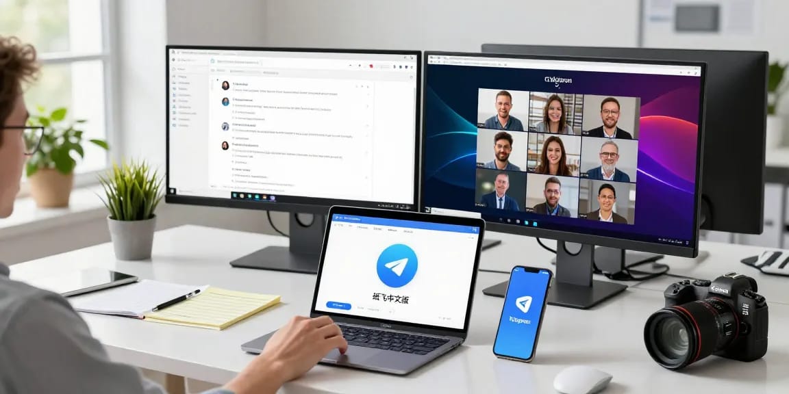 User accessing 纸飞机中文版 in a modern tech workspace with vibrant chat interfaces.