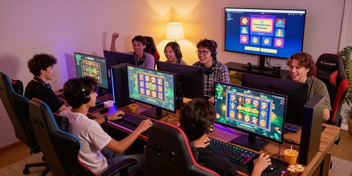 Gamers enjoying vibrant online gaming with deposit pulsa tanpa potongan feature in cozy setup.