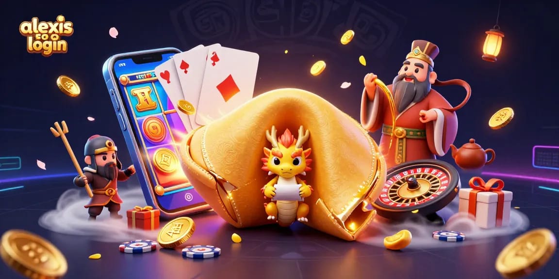 A vibrant scene illustrating the alexis 500 login experience with a fortune cookie and gaming elements.