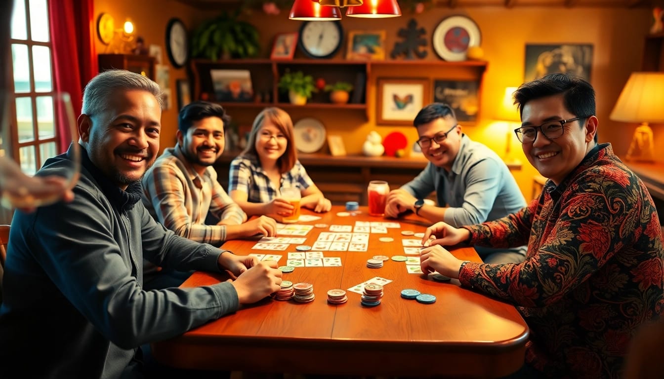 Players enjoying yono rummy around a friendly gaming table filled with colorful cards and chips.