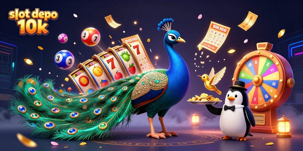 Engage with slot depo 10k excitement in a vibrant 3D casino illustration filled with dynamic game elements.
