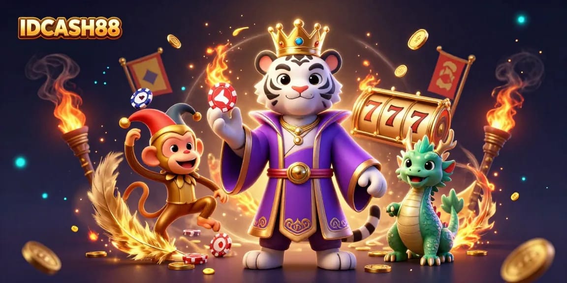 IDCASH88 showcases a vibrant digital casino scene with characters and slot elements for thrilling gameplay.