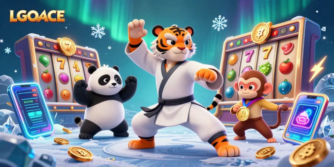LGOACE showcases an exciting casino scene with a kung fu tiger and panda amidst slot symbols, reflecting vibrant gambling energy.
