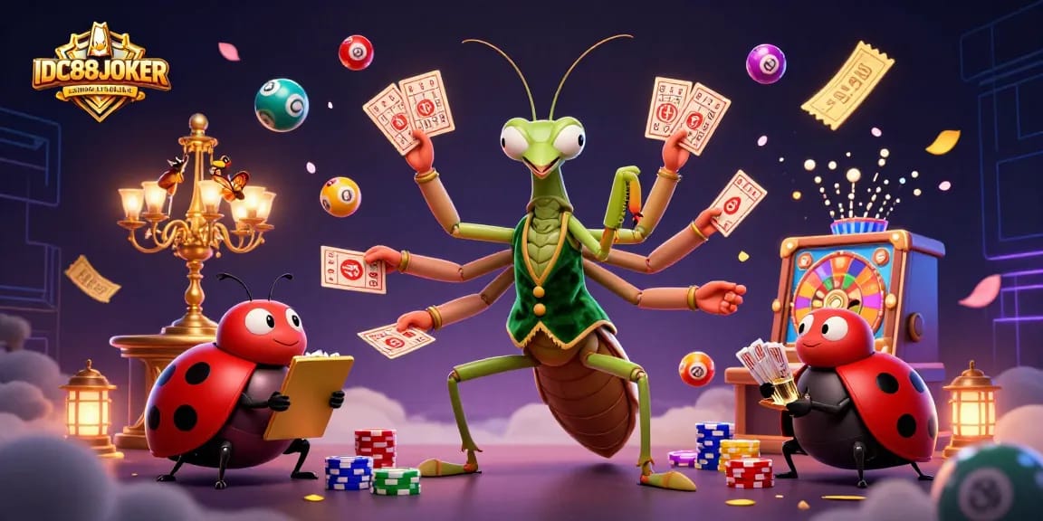 Engage your luck with IDC88JOKER as vibrant lottery and casino elements fill the dynamic scene.