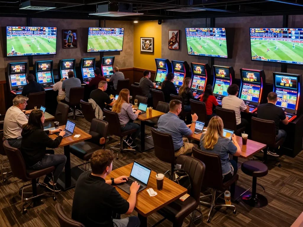 Engaged patrons enjoying live sports betting at 78wingo lounge, showcasing excitement and strategy