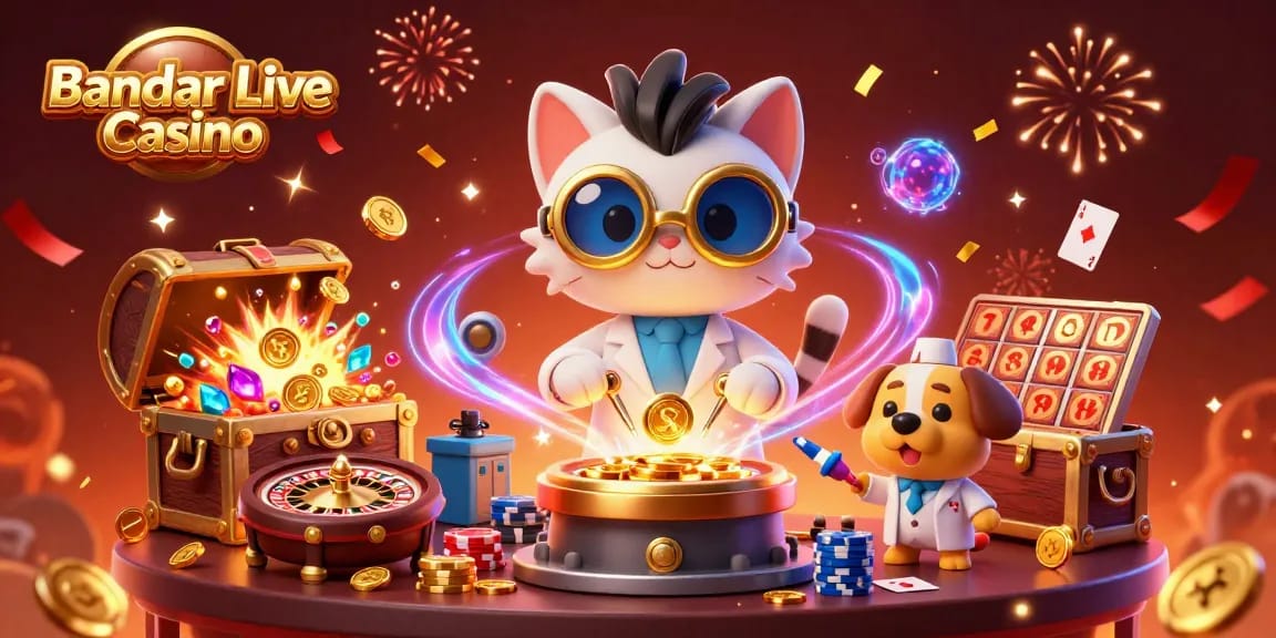 Experience excitement at Bandar Live Casino with a vibrant scene of lively gameplay and engaging characters.
