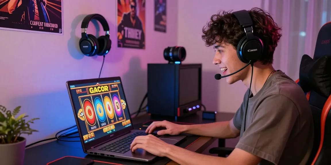 Exciting online slot gacor gameplay with a player celebrating big wins in a modern gaming setup.