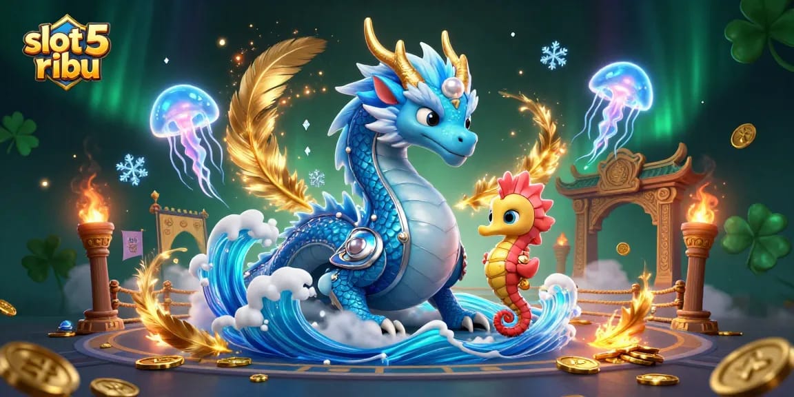 Spin for big wins at slot 5 ribu with an epic dragon and seahorse adventure illustration.