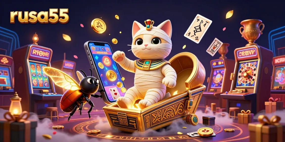 Experience excitement with rusa55, a vibrant casino scene featuring a mummy cat and dynamic gaming elements.