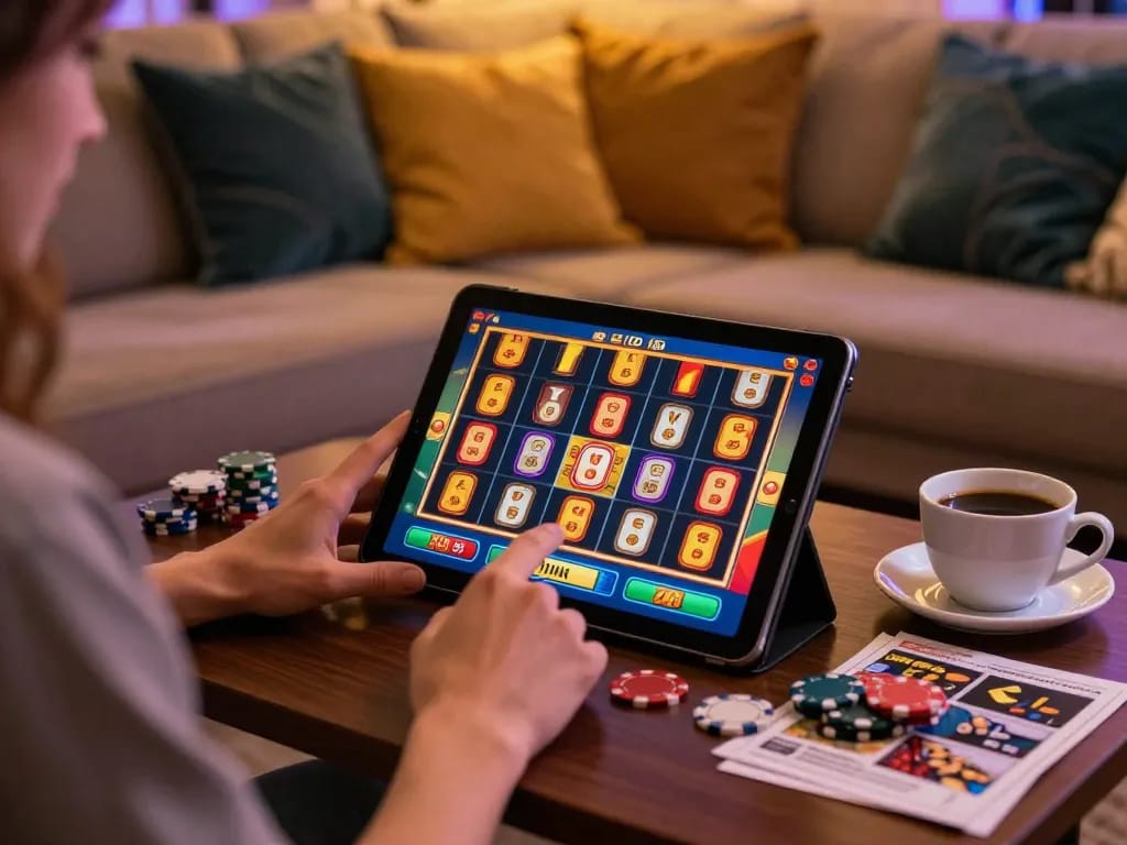 Engaging with deposit 1000 through an online slot game on a tablet, cozy home setting with strategic notes.