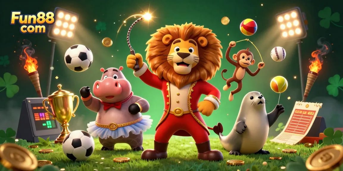 Engage with Fun88 com's vibrant casino atmosphere in this action-packed 3D illustration.