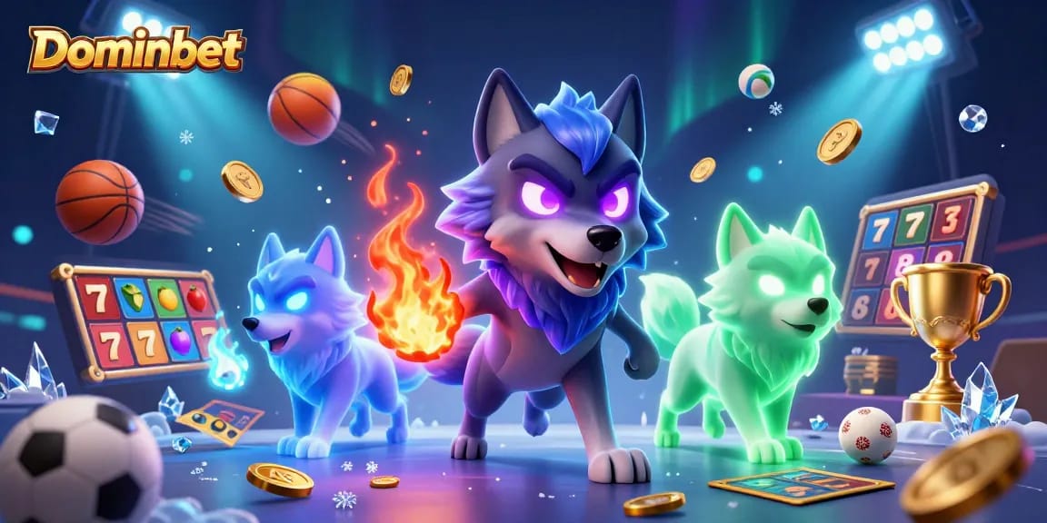 Engage in thrilling Dominobet online slots with enchanting wolves amid vibrant casino elements.