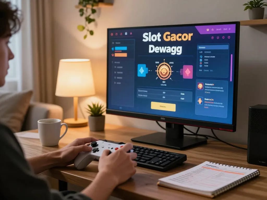 Engaging online gaming at Slot Gacor Dewagg, player immersed in gameplay in a warm home environment.