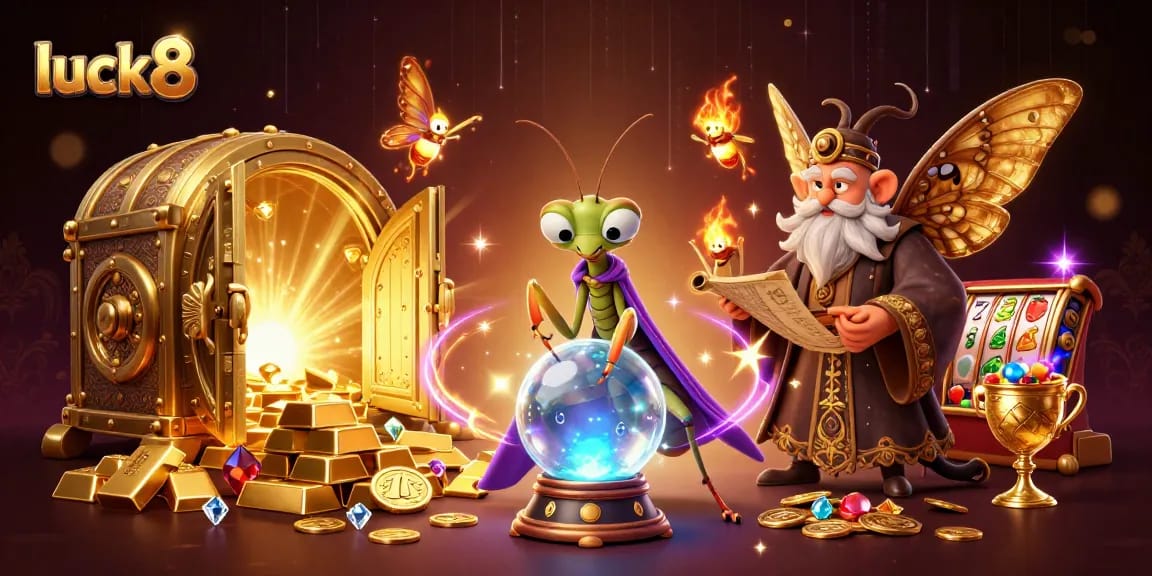 Spin the luck8 slot reels amidst a mystical casino scene filled with treasures and vibrant characters.