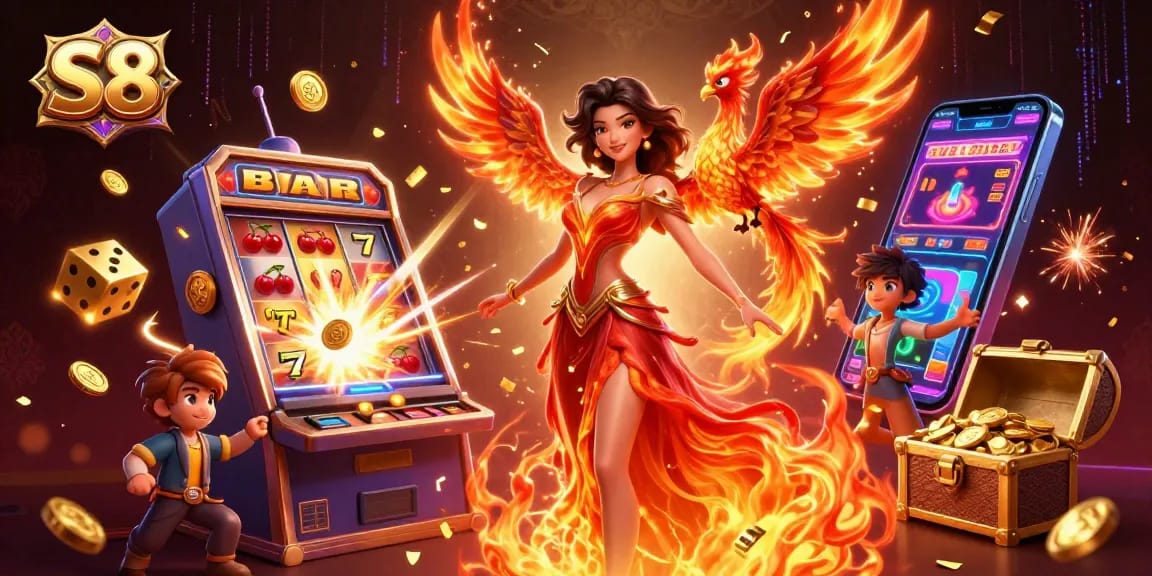 S8 unlocks thrilling winnings with an Asian woman amid casino rewards and games.
