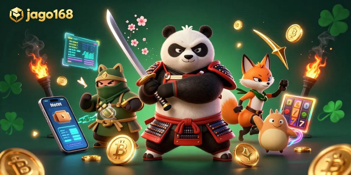 Join the action at jago168 with a vibrant scene featuring a samurai panda, ninja fox, and magical tanuki in an electrifying casino atmosphere.