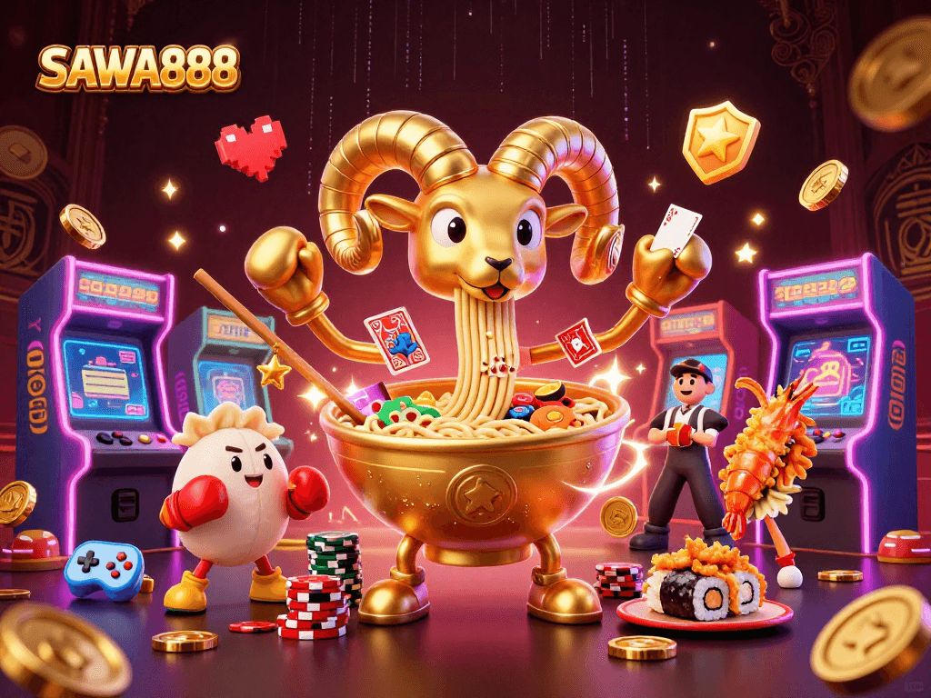 SAWA888 features a golden ramen bowl character stacking chips in a lively casino scene.