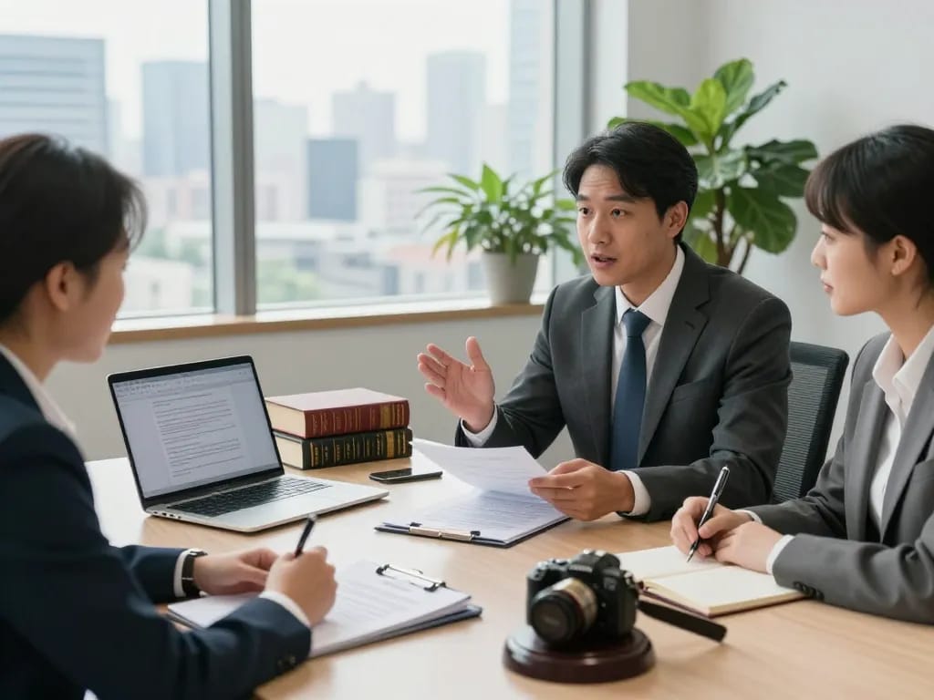 Expert USA lawyers engaged in a professional consultation in a modern law office.
