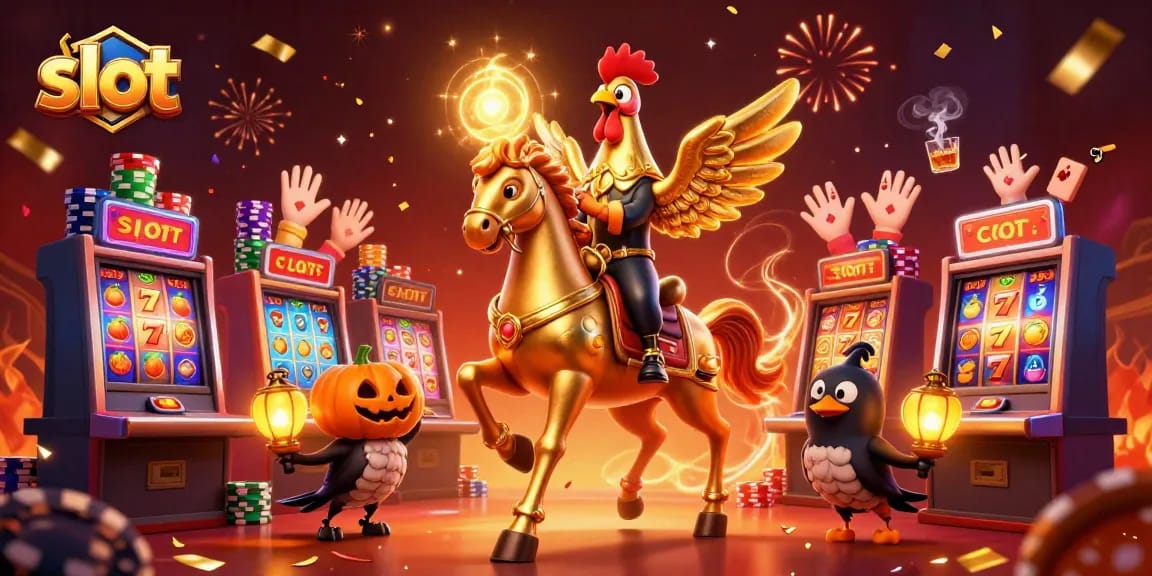 Experience thrilling slot action with a golden rooster and its companions in a vibrant casino scene.