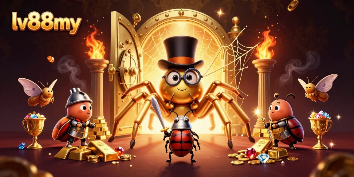 Experience thrilling adventures with the giant tarantula at lv88my casino, surrounded by vibrant treasures and excitement.
