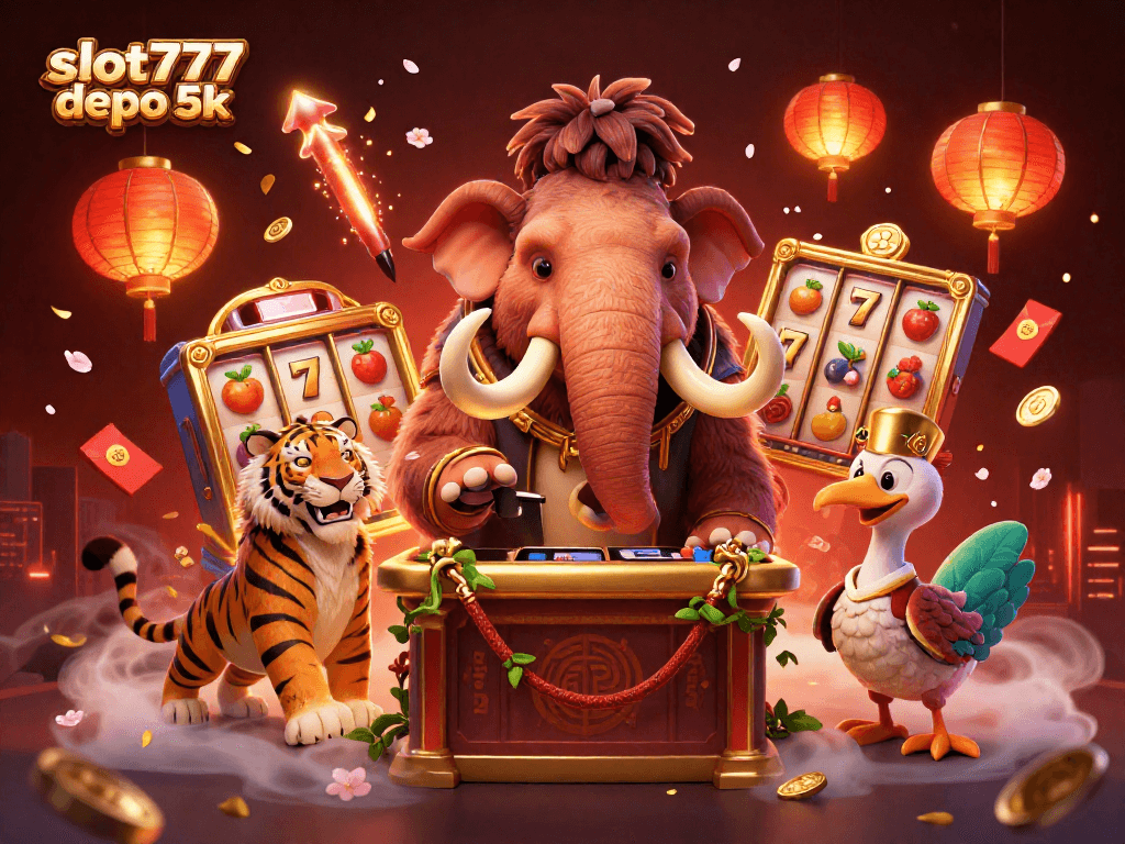 Engage in thrilling gameplay with slot777 depo 5k environment featuring a mammoth bouncer and vibrant casino elements.