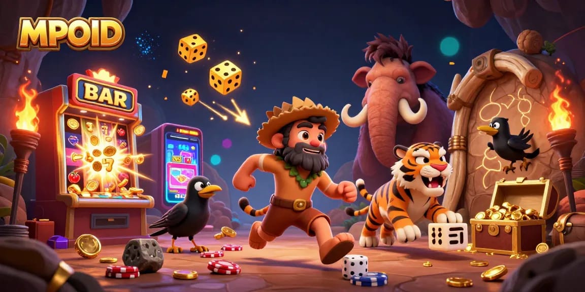 MPOID attracts players with a lively prehistoric casino scene featuring iconic gaming elements.