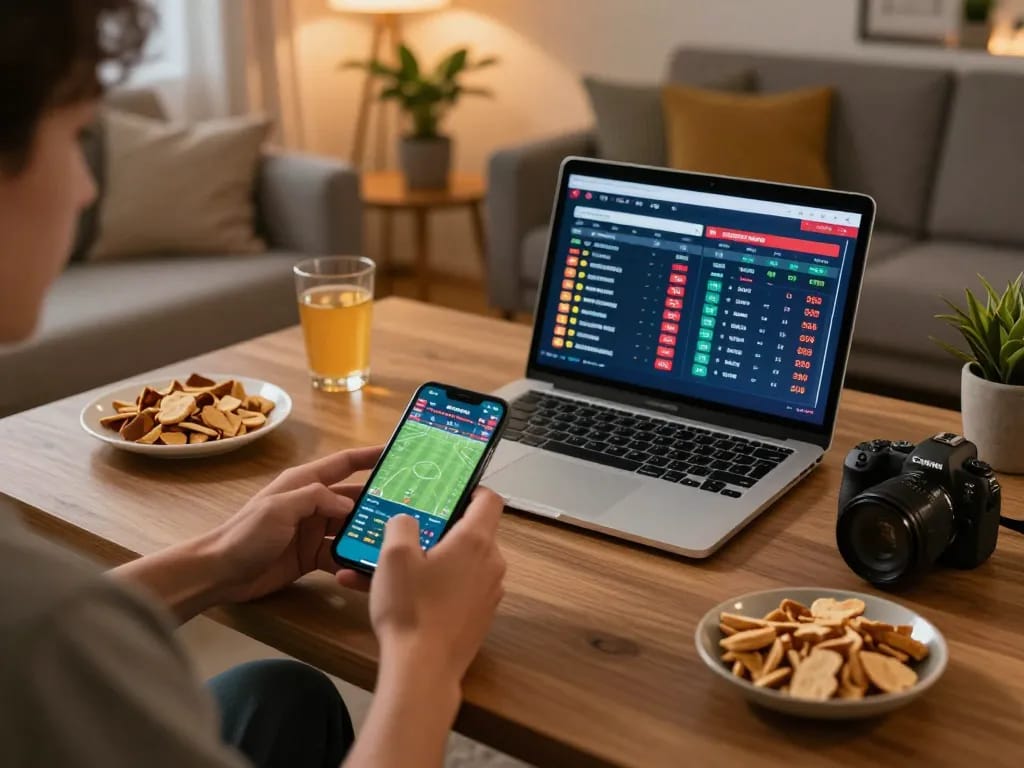 Person analyzing live sports odds on nhandinhkeonhacai app, reflecting strategic betting decisions in cozy home setting