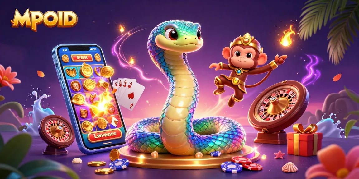MPOID features a vibrant gaming scene with characters engaged in gambling excitement and action.