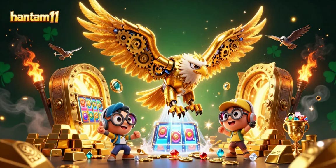 Win big with hantam11: 3D gaming scene featuring a cybernetic eagle and vibrant casino elements