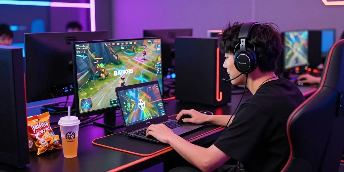 Gamer terlibat dalam permainan online di BATIK88, menunjukkan antusiasme dengan setup gaming modern dan suasana energik.