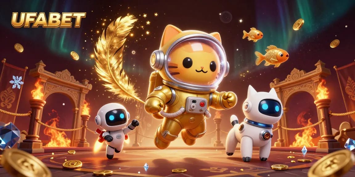 UFABET offers a thrilling casino adventure with a space astronaut cat and robot dog amidst dynamic game elements.