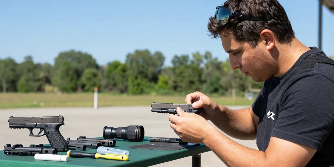 Experienced shooter at outdoor range customizing Glock slide with precision tools, highlighting https://precisionglockslides.com and aftermarket options.
